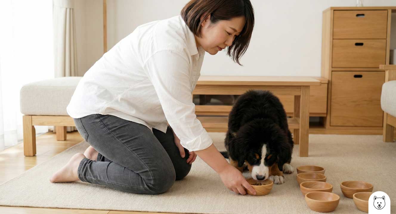 給餌回数を細かく分けて胃捻転の発生を防ぐ