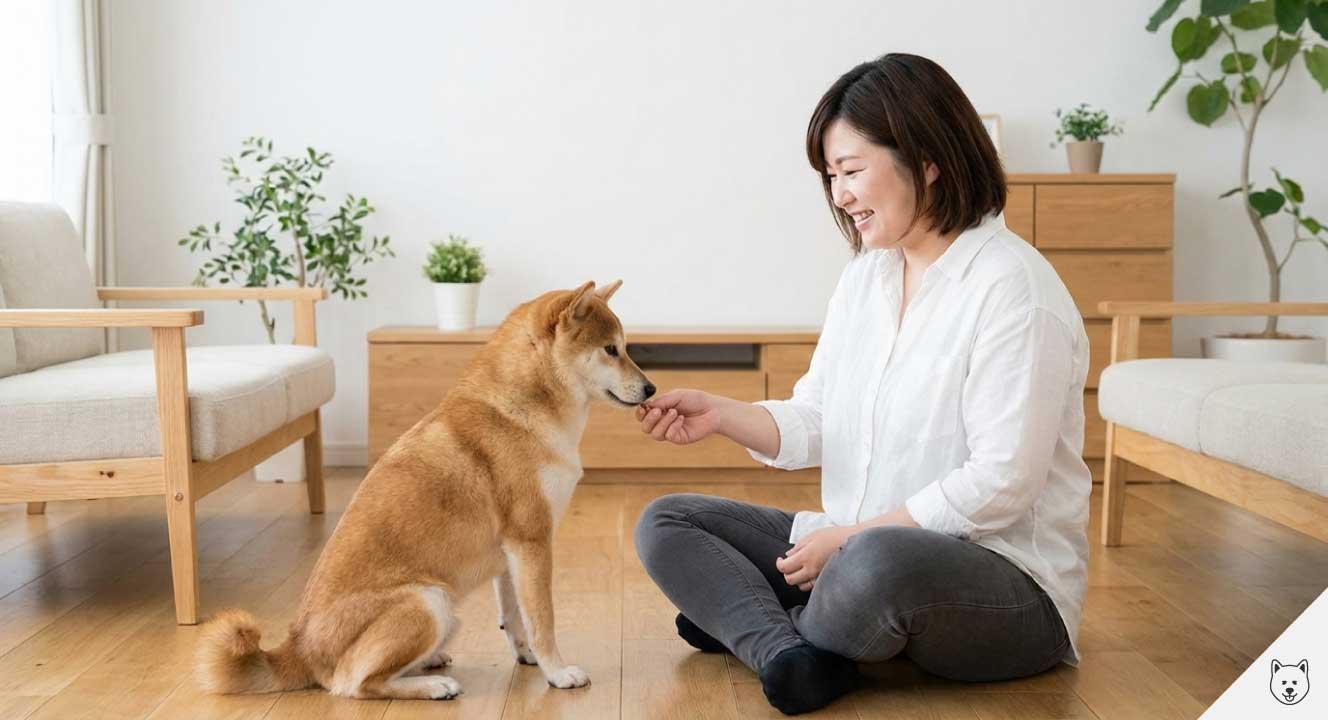 ・インプットした「データB」の以下の見出し(セクション)に適した画像を作成してください。
●テキストや文字は一切無い画像にすること。
●アスペクト比は「16:9」にすること。
●人間を生成する場合は白い襟付き長袖シャツにダークグレーのスキニーパンツを着用した愛嬌のある可愛らしい30歳のふくよかな日本人女性にすること。
●全体的に無印良品のような白い壁、無垢の木材とさりげない観葉植物をベースとしたモダンでシンプルな雰囲気
賢くて吠えない柴犬に導く5つのトレーニング手法