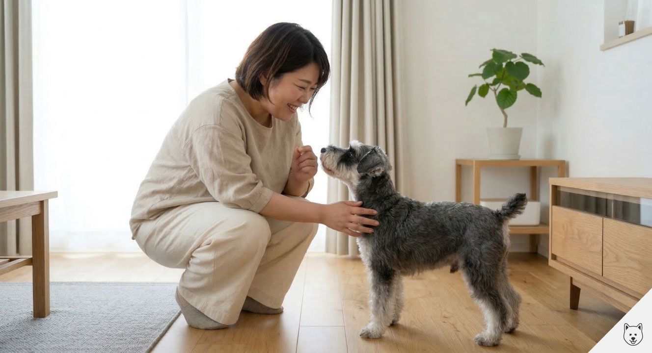 ・インプットした「データB」の以下の見出し(セクション)に適した画像を作成してください。
●テキストや文字は一切無い画像にすること。
●アスペクト比は「16:9」にすること。
●人間を生成する場合は35歳の愛嬌のある可愛らしいふくよかな体型の日本人女性にすること。
●全体的に無印良品のようなモダンでシンプルな雰囲気
ポジティブトレーニングで信頼関係を築く